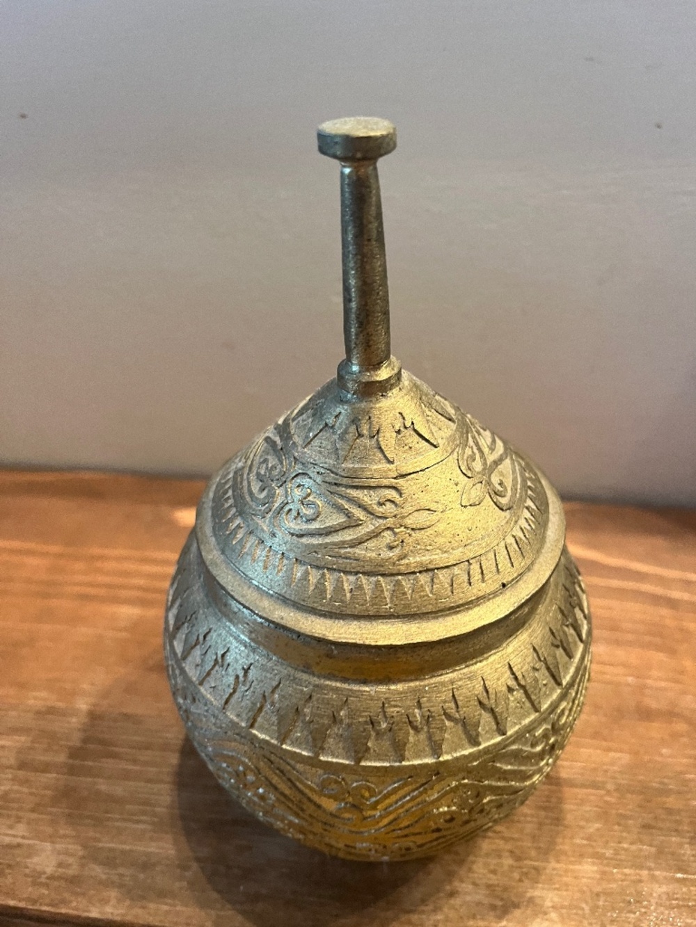 Mid Century Small Brass Lidded Vessel with Etching